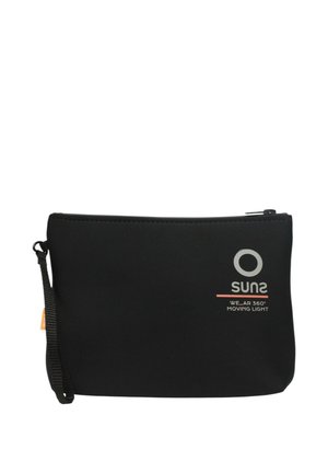 Bustina nera con cerniera, cinturino da polso e logo bianco e arancione con la scritta "SUNS WE_AR 360° MOVING LIGHT."