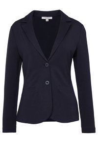 Navy blue blazer made of stretchy fabric, featuring a shawl collar, two buttons, and two front pockets. Smooth texture, tailored design.