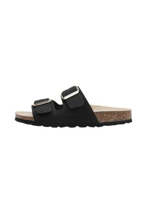 Sandalia negra tipo slip-on con dos tiras ajustables y hebillas plateadas, plantilla de corcho y suela de goma negra.