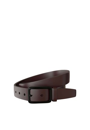 Dark brown leather belt coiled with a black rectangular buckle and multiple adjustment holes.