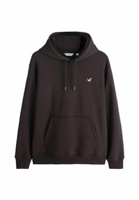 Ciemnobrązowa hoodie z miękkiego materiału, z przednią kieszenią, kapturem z sznurkiem oraz małym haftowanym wzorem ptaka na piersi.