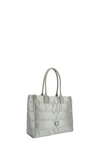 Borsa a mano grigia trapuntata con doppi manici, caratterizzata da una forma rettangolare e un logo centrale. Materiale in nylon liscio e lucido.