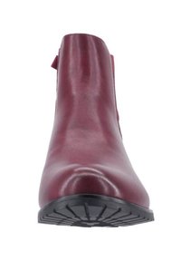 Stivale alla caviglia in pelle bordeaux con finitura liscia, dotato di punta arrotondata e suola in gomma testurizzata per una buona presa. Design minimalista.