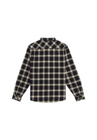 Camisa de cuadros de manga larga en colores rojo oscuro, azul marino y crema. Presenta un cuello abotonado y dos detalles de puños abotonados.