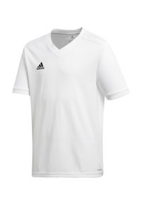 Bílý sportovní dres s krátkým rukávem a výstřihem do V, vyrobený z lehkého materiálu. Obsahuje vertikální pruhy a černé logo Adidas na levé části hrudi.