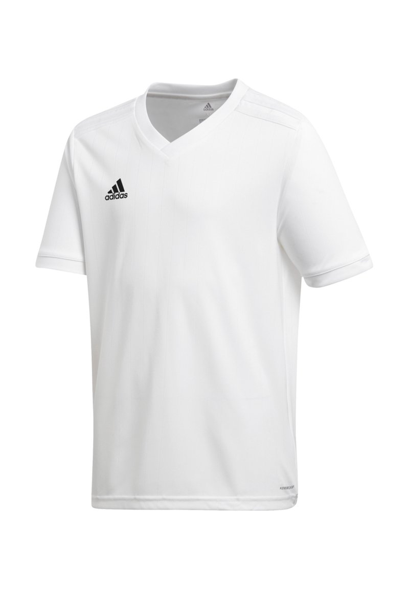 Bílý sportovní dres s krátkým rukávem a výstřihem do V, vyrobený z lehkého materiálu. Obsahuje vertikální pruhy a černé logo Adidas na levé části hrudi.