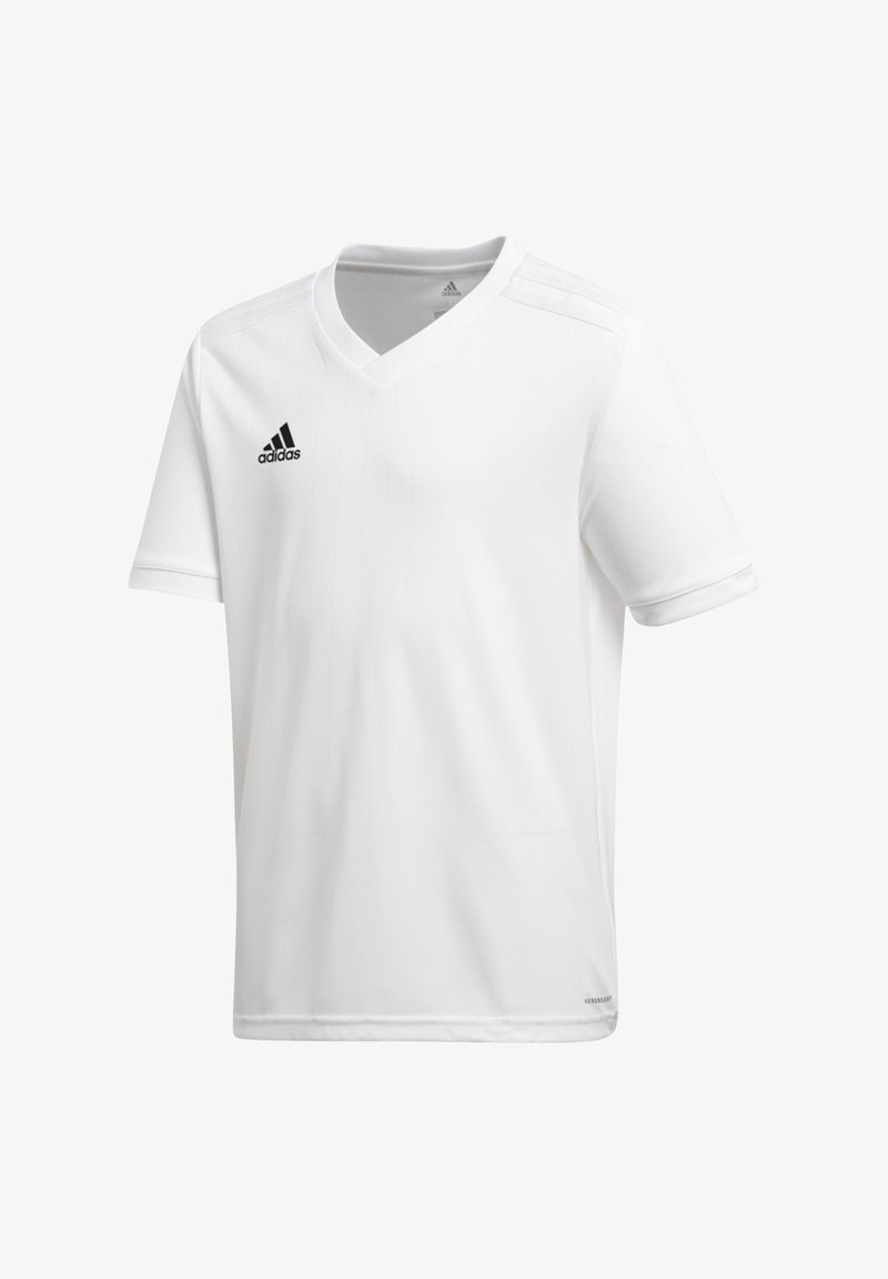 Vit sporttröja med kort ärm och V-hals, tillverkad av lättviktig tyg. Har vertikala ränder och en svart Adidas-logga på vänster bröst.