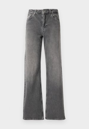 Sötét szürke denim széles lábú farmer, magas derékkal, öt zsebbel és minimális kopással. Fém gombos és cipzáras záródás.