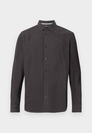 Tamsių plytelių rašto ilgomis rankovėmis marškiniai su mygtukais. Yra klasikinis apykaklė, priekinė kišenė ir juodi mygtukai. Pagaminta iš lengvos medžiagos.