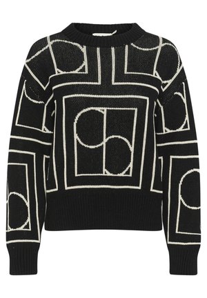 Melnas adītas džemperis ar baltām ģeometriskām rakstām, kas satur apļus un kvadrātus. Apaļš apkakles izgriezums un ribotas piedurknes un piedurknes maliņa.