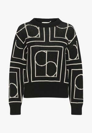 Crni pleteni pulover s bijelim geometrijskim uzorcima koji uključuju krugove i kvadrate. Okrugli izrez i rebrasti manžeti i donji rub.