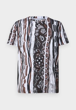 Short-sleeve T-shirt with a patterned design in black, white, and shades of brown, featuring varied textures and an abstract tribal motif.