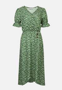 Grünes Blumenkleid aus leichtem Stoff, mit V-Ausschnitt, kurzen Rüschenärmeln, taillierter Taille und dekorativen Knöpfen an der Seite.
