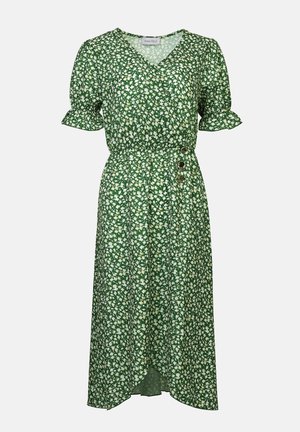 Vihreä kukallinen mekko, joka on valmistettu kevyestä kankaasta, jossa on V-pääntie, lyhyet röyhelöhihet, kuminauhavyötärö ja koristeellisia nappia sivuilla.