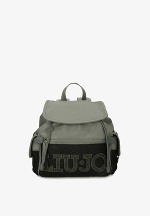 Zaino piccolo grigio e nero con tasca frontale con cerniera, tasche laterali, chiusura con coulisse e logo "LIU JO" sulla tasca frontale.