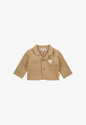 Giacca per bambini in velluto a coste marrone con maniche lunghe, due bottoni e ricamo di un orso sul petto sinistro. Presenta un colletto con revers.