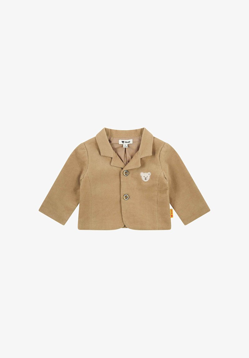 Braune Cordjacke für Kinder mit langen Ärmeln, zwei Knöpfen und einer Bärenstickerei auf der linken Brustseite. Verfügt über einen Reverskragen.