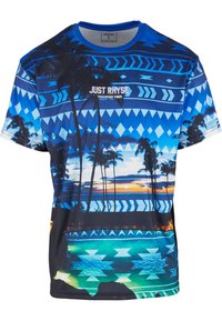 Short-sleeve shirt featuring a vibrant blue and black color scheme with palm tree graphics, geometric patterns, and a sunset motif.