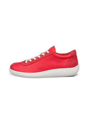 Red leather sneakers with white laces, a rounded toe, and a textured white rubber sole. Features a minimalist design and smooth finish.
