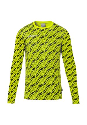 Neongele sportshirt met lange mouwen, zwarte diagonale abstracte print en wit "uhlsport"-logo op de borst.