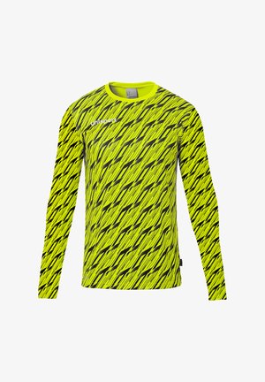 T-shirt de sport à manches longues jaune fluo avec motif abstrait noir en diagonale et logo blanc "uhlsport" sur la poitrine.