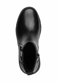 Botine negre din piele, cu un finisaj neted, fermoar lateral, accente elastice și talpă din cauciuc texturată. Design minimalist, fără modele vizibile.
