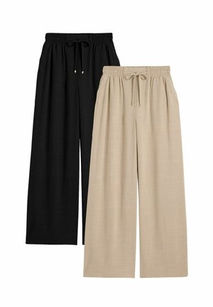 Kaks paari laia säärega pükse, millel on elastsed vöökohad ja nöörist pingutused, üks must ja teine beež, eksponeeritud kõrvuti valgel taustal.