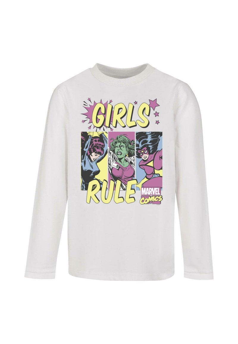 White long-sleeve shirt featuring colorful comic-style graphic of female characters and the text "GIRLS RULE" in bold yellow.