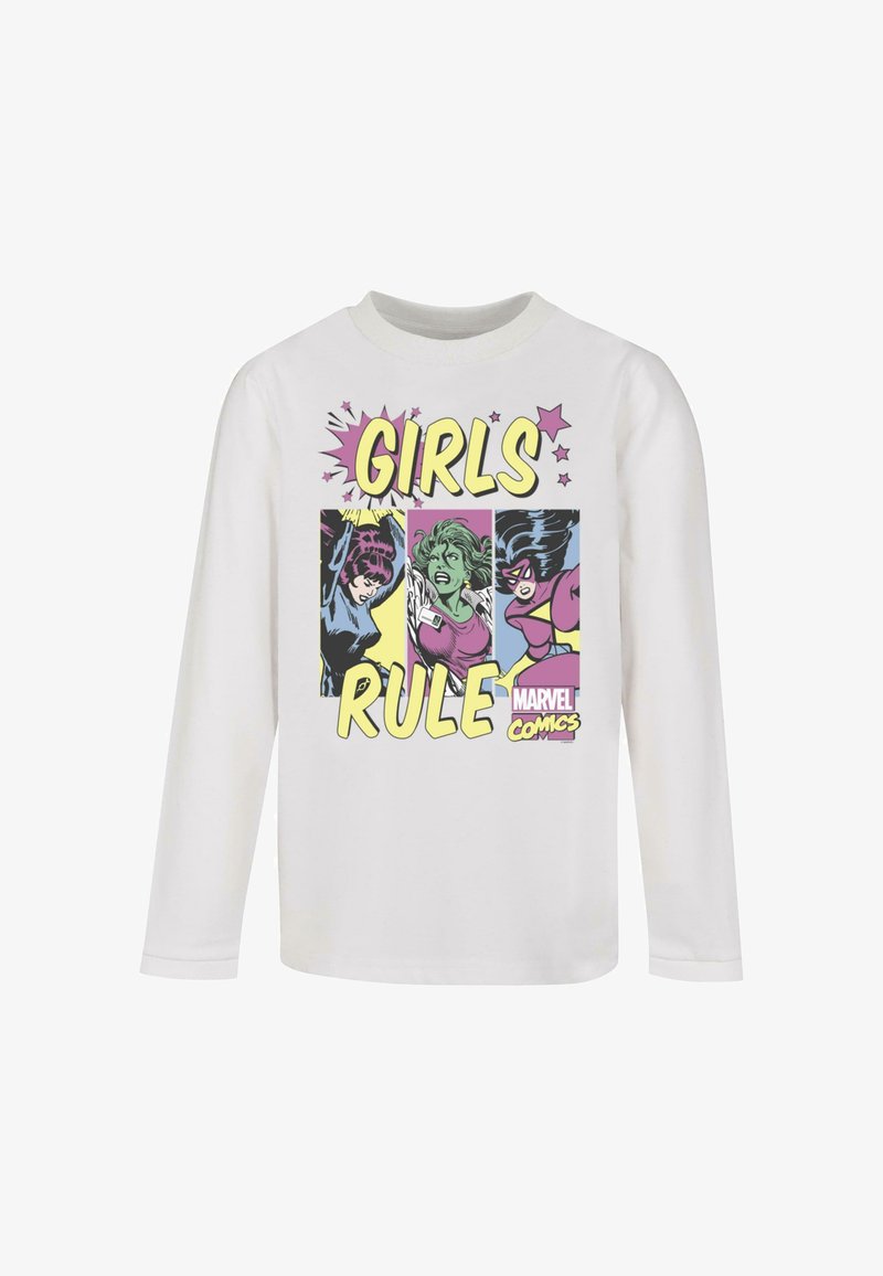 White long-sleeve shirt featuring colorful comic-style graphic of female characters and the text "GIRLS RULE" in bold yellow.