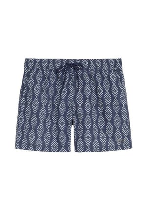 Bañador corto azul marino con estampado geométrico blanco de diamantes y flechas, cintura elástica y cordón delantero.