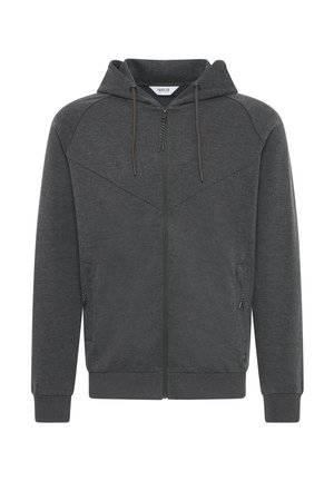 Dunkelgrau zip-up Hoodie aus weichem Stoff. Verfügt über eine Kapuze, zwei seitliche Taschen und gerippte Bündchen. Glatte Textur mit subtilen Steppnähten.