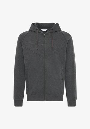 Donkergrijze ritshoodie gemaakt van zachte stof. Voorzien van een capuchon, twee zijzakken en geribbelde manchetten. Vederlichte textuur met subtiele stikseldetails.