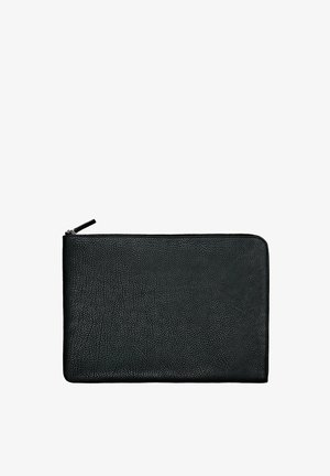 Black leather wallet, textured exterior, rectangular shape, zip closure along the top edge, smooth lining, minimalistic design.