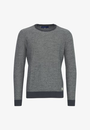 Szary sweter z okrągłym dekoltem, z teksturowanej tkaniny, z prążkowanymi mankietami i dolnym wykończeniem oraz małą naszywką z logo w dolnym lewym roku.
