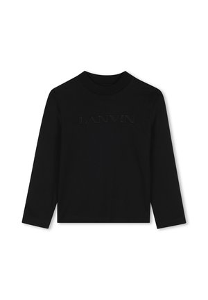 Chemise noire à manches longues avec col montant et texte en relief subtil "LANVIN" sur la poitrine, présentée sur fond blanc.