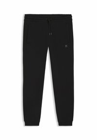 Schwarze Sweatpants aus weichem Stoff, mit einem elastischen Bund und Kordelzug, seitlichen Taschen und einem kleinen Logo-Patch.