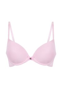 Reggiseno imbottito rosa chiaro con tessuto liscio, spalline in satin regolabili e un dettaglio a fiocco decorativo al centro. Coppe senza cuciture e sagomate.