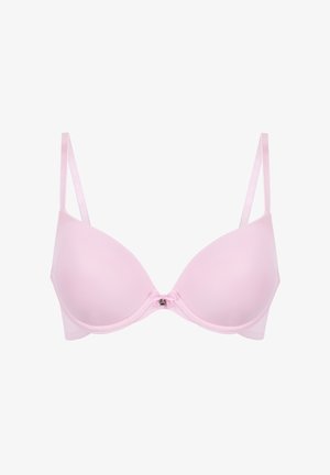 Lichtroze, gewatteerde beha van soepel stof, met verstelbare satijnen straps en een decoratieve strikdetail in het midden. Naadloze en contoured cups.