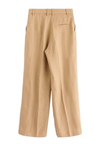 Beige linnebyxor med vida ben och en slät yta, med frontveck, bälteslätter och en enda bakficka.