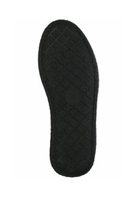 Juodas gumos batų padas su tekstūruota tread raštu, centre esantis apvalus logotipas ir suapvalinta kulno kraštas.