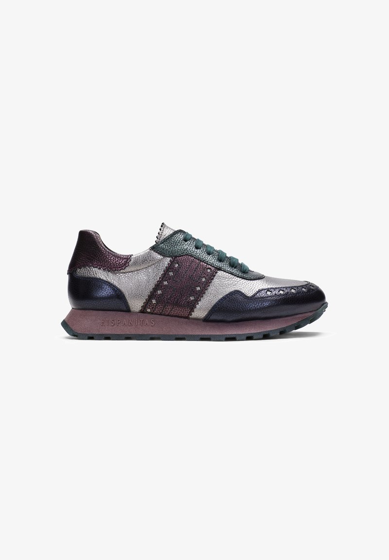 Sneakers featuring a silver, burgundy, and dark blue leather upper with textured overlays, green laces, and a rubber sole. Logo on side.