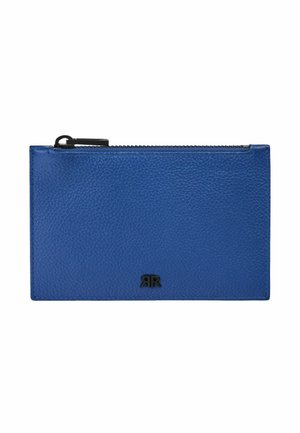 Pochette zippée en cuir texturé bleu avec logo double R en métal noir au centre en bas.