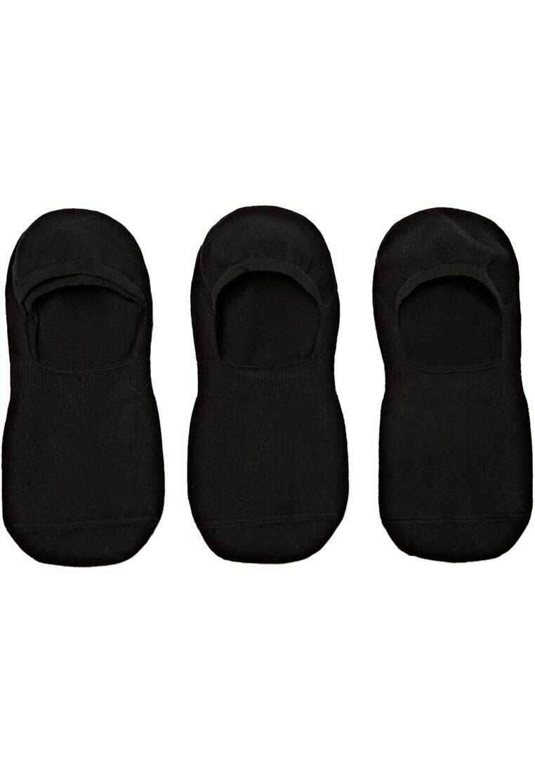 Drei Paar schwarze, unsichtbare Socken aus weichem Baumwollmaterial. Das Design zeichnet sich durch einen niedrigen Schnitt für unauffälliges Tragen und eine glatte, musterloste Oberfläche aus.