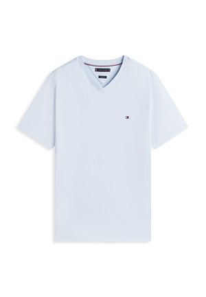 Light blue V-neck short sleeve T-shirt with small Tommy Hilfiger flag logo on left chest.