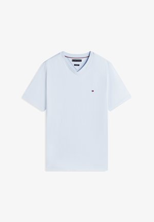 Light blue V-neck short sleeve T-shirt with small Tommy Hilfiger flag logo on left chest.