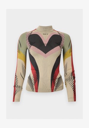 Rollkragen-Longsleeve mit abstraktem geometrischem Muster in Beige, Schwarz, Rot, Pink, Grün und Gelb. Kleiner "OFF"-Schriftzug nahe am Kragen.