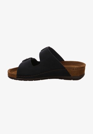 Black slide sandal with two openings, brown suede footbed, stitched detailing along the sole, and a metallic buckle accent.