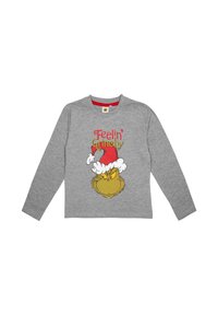 Maglietta grigia a maniche lunghe con un cartone animato del Grinch che indossa un cappello di Babbo Natale rosso, con la scritta "Feelin' Grinchy" in una tipografia colorata.