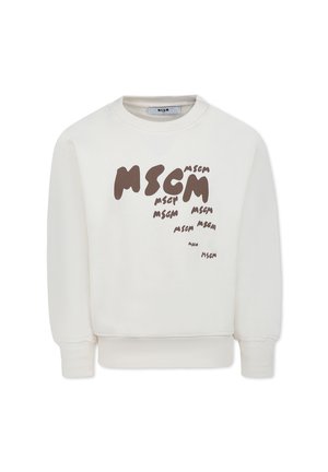 Sweatshirt blanc en tissu doux, arborant un design de logo marron avec des variations de "MSCM" sur le devant. Col rond et poignets côtelés.