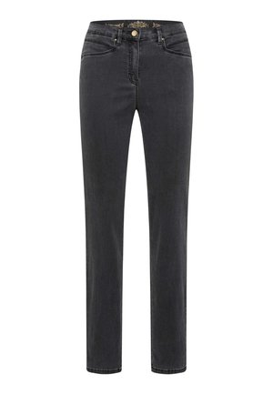 Jeans en denim gris foncé avec une coupe slim, dotés d'une fermeture à bouton, de poches avant et de détails de couture subtils le long des coutures.
